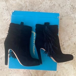 JEAN-MICHEL CAZABAT Black Suede Fringe Trim Accent Boots 36.5/6.5